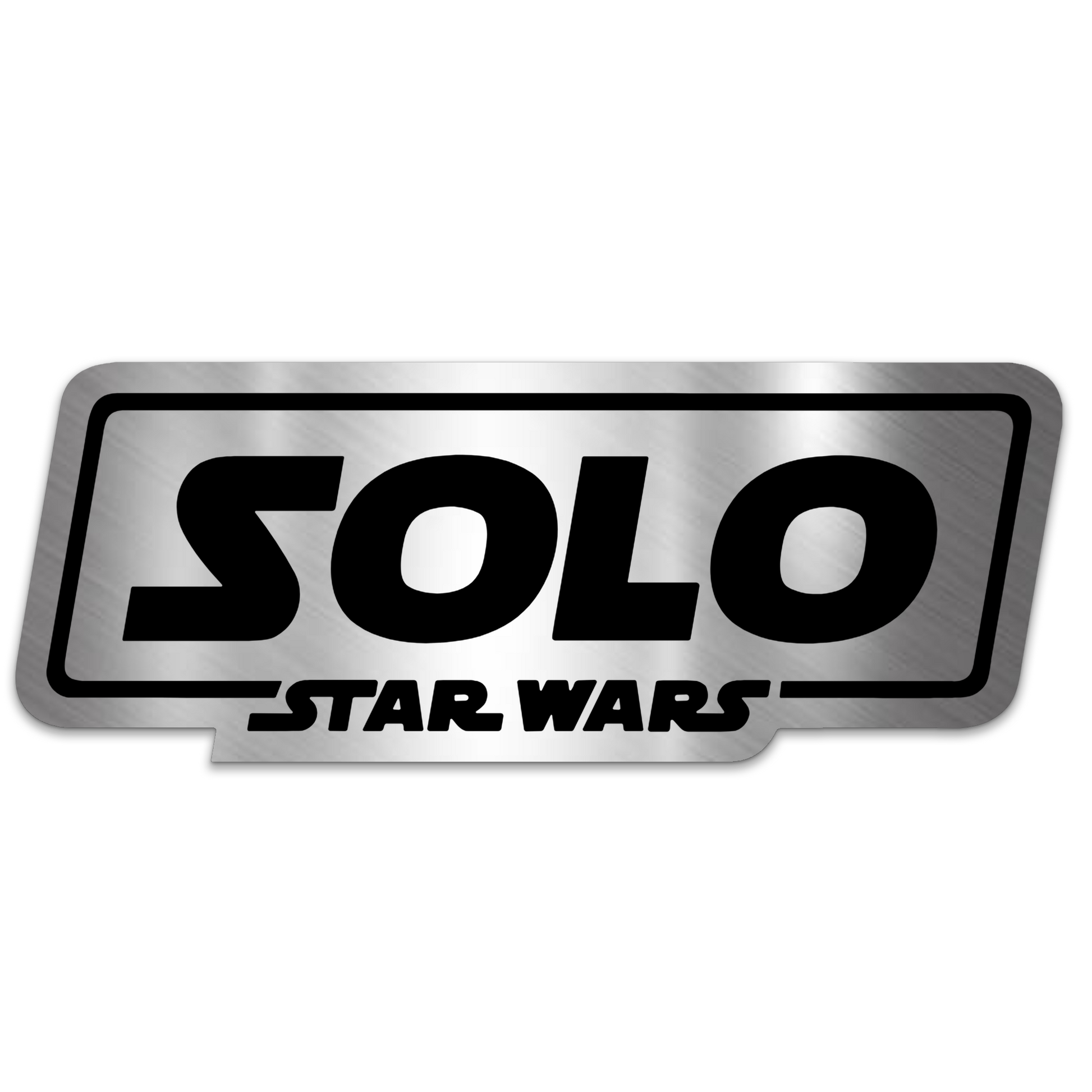 Solo Star Wars engraved car badge in brushed silver with bold black lettering