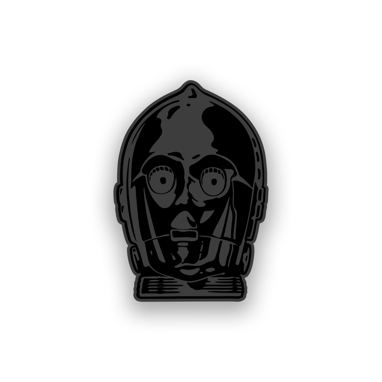 Engraved car badge with C-3PO droid inspired automotive artwork