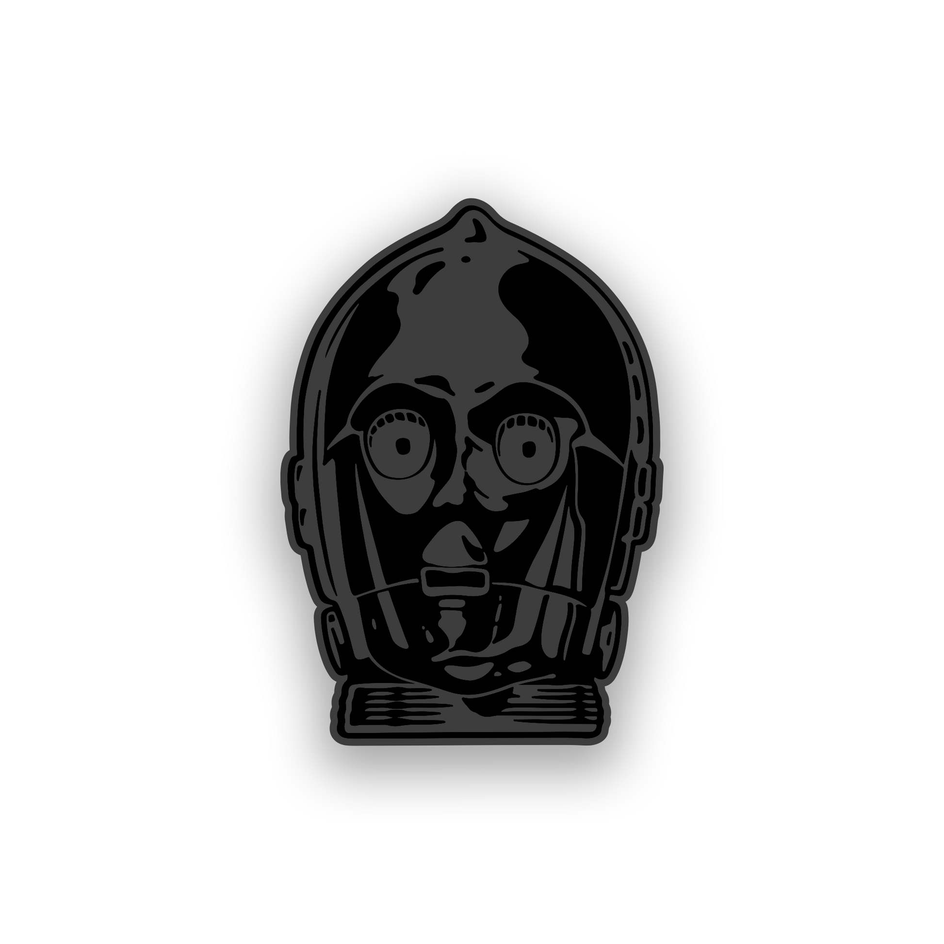 Engraved car badge with C-3PO droid inspired automotive artwork