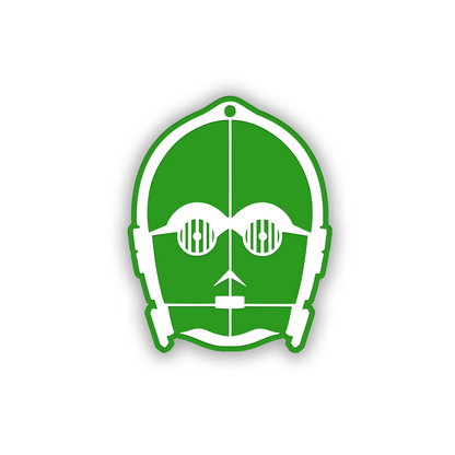 Engraved robot car badge featuring a detailed C3PO-inspired design