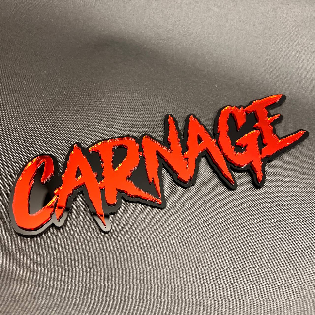 CARNAGE car text badge in red and black acrylic custom automotive emblem