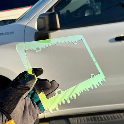 Chameleon slime car license plate frame with rainbow mirror finish