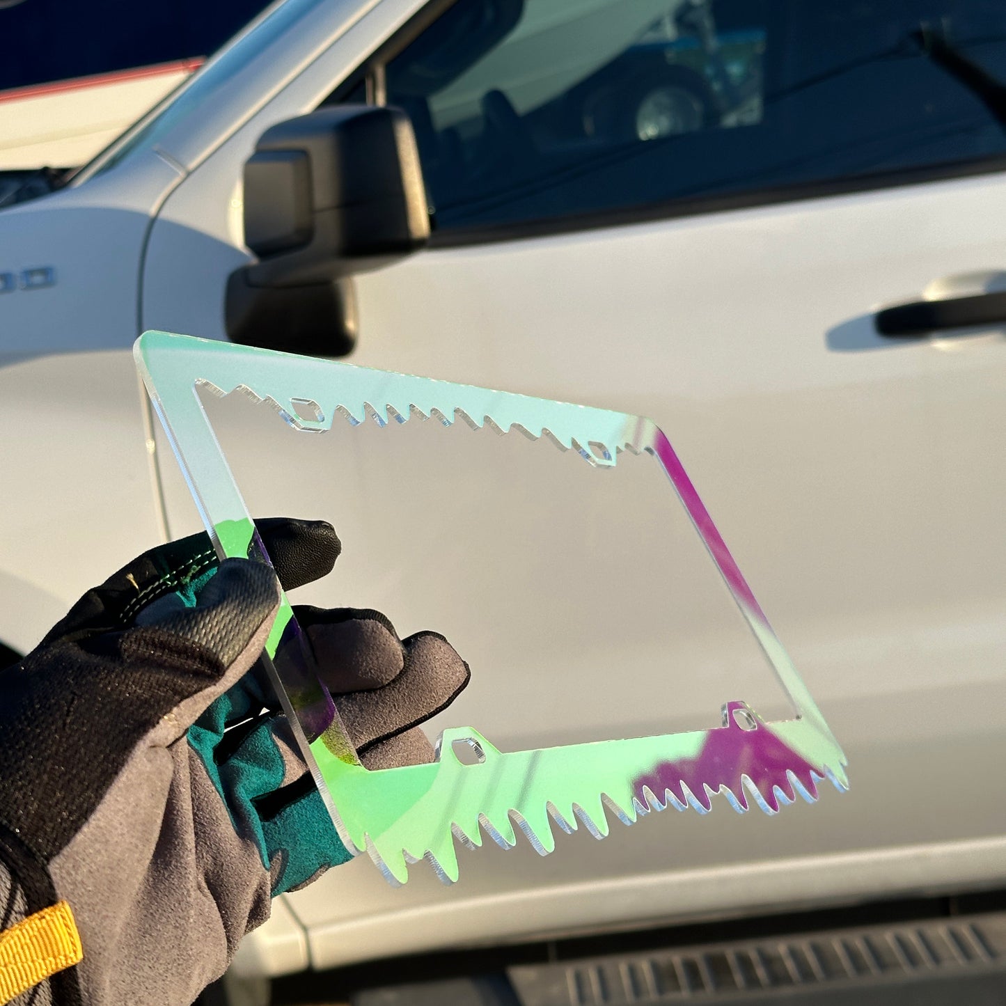 Color shift license plate frame with dripping slime edge design