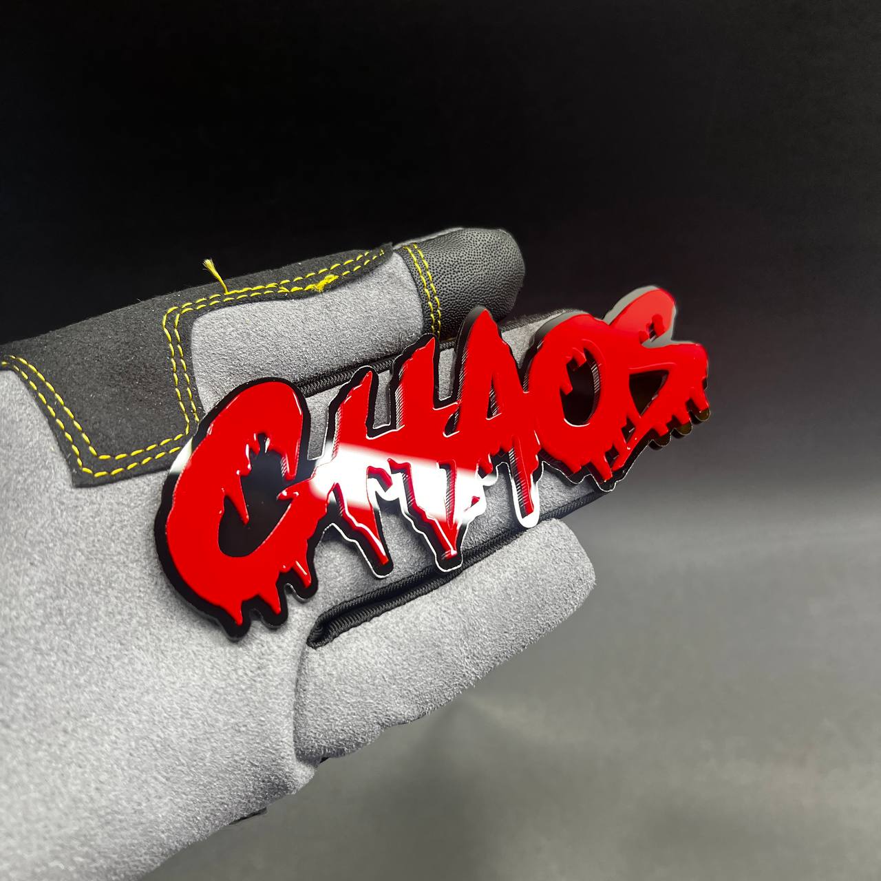 CHAOS acrylic tailgate decal with bold drip lettering for Ford Mustang custom performance look.