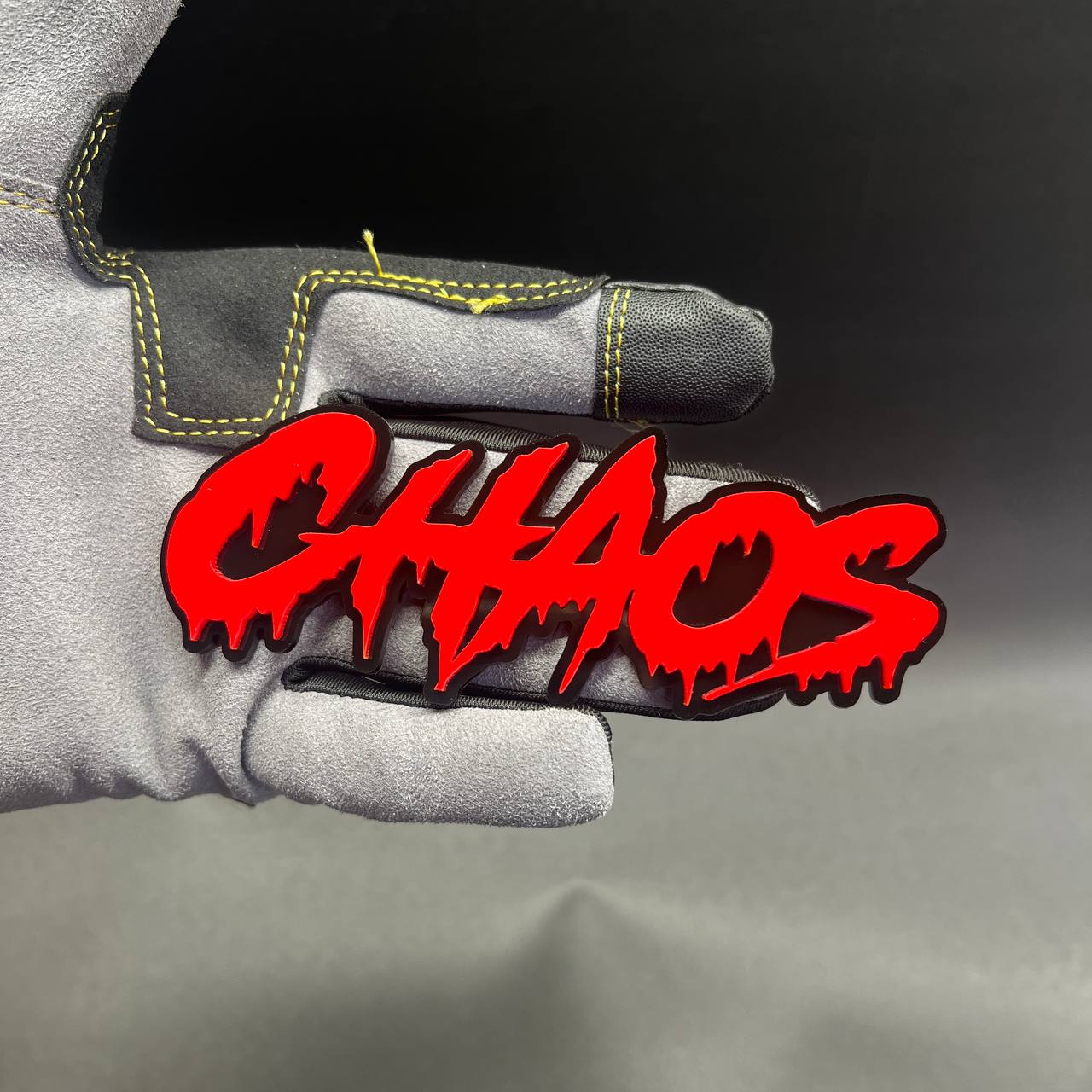 Bold CHAOS custom auto decal in red and black for Dodge Challenger performance badge styling.