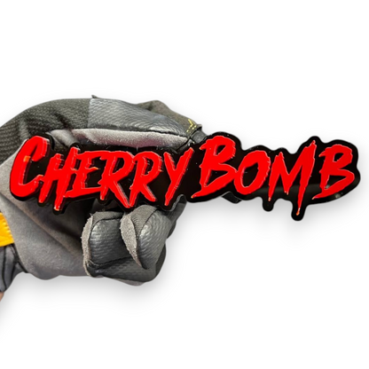Cherry Bomb custom red and black acrylic text badge for cars and trucks