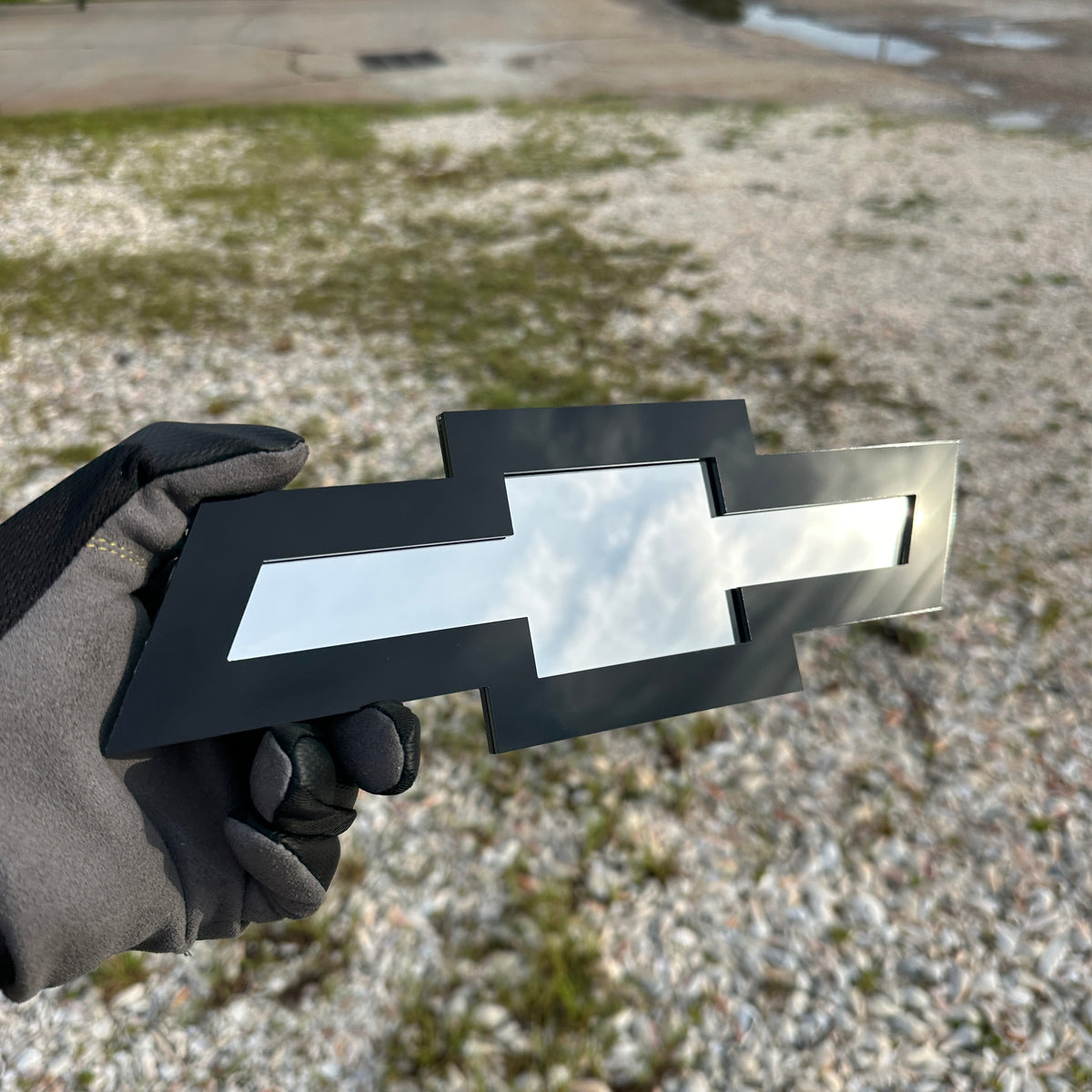 Chevy Bowtie car badge in black and silver finish
