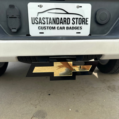 Chevy Bowtie trailer hitch cover emblem in gold and black finish