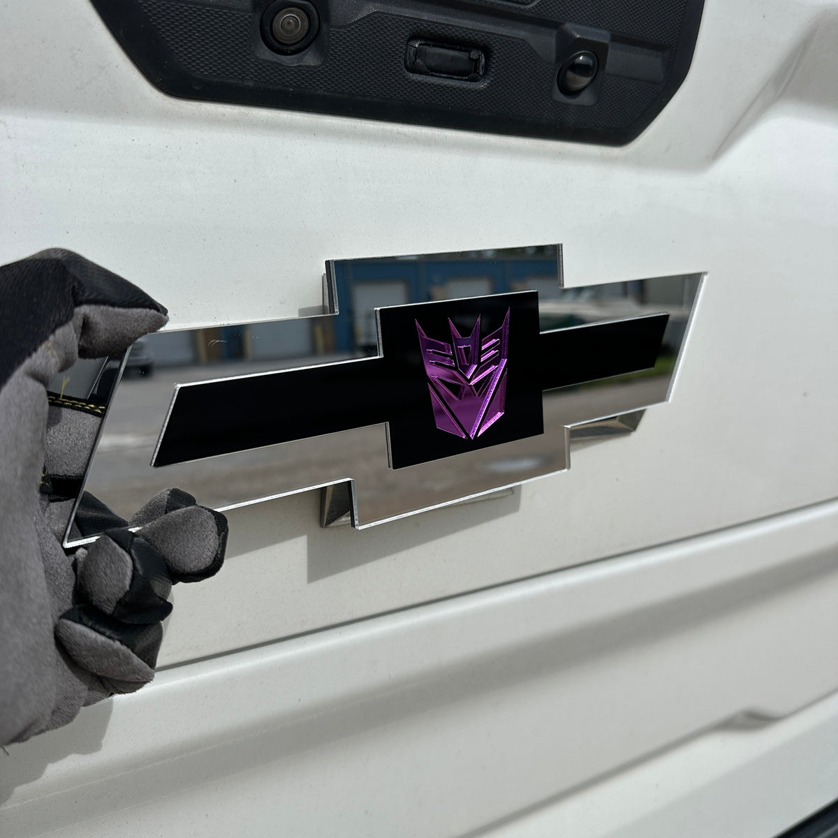 Chevrolet purple Decepticon exterior car badge with reflective silver finish