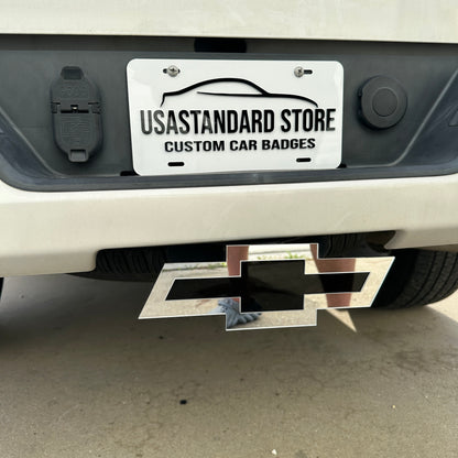 Chevy truck hitch cover featuring a silver and black Bowtie emblem design