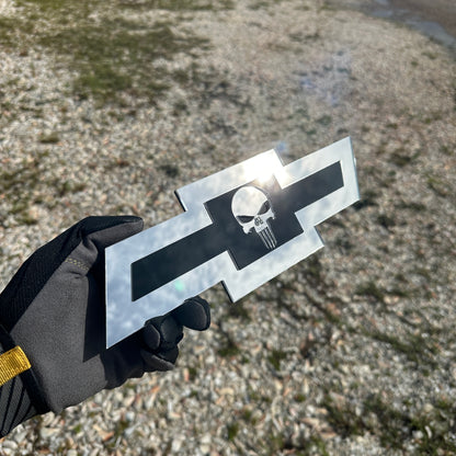 Silver and black Chevy Bowtie Punisher Skull badge for custom vehicle styling