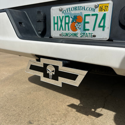 Chevrolet Bowtie skull hitch cover with centered Punisher style emblem