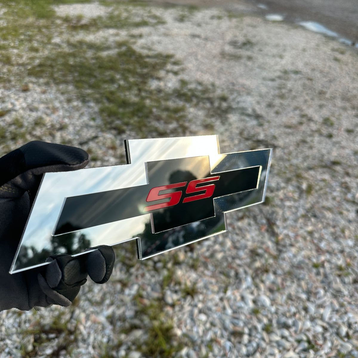 Custom Chevy Bowtie SS car badge in layered silver black red style