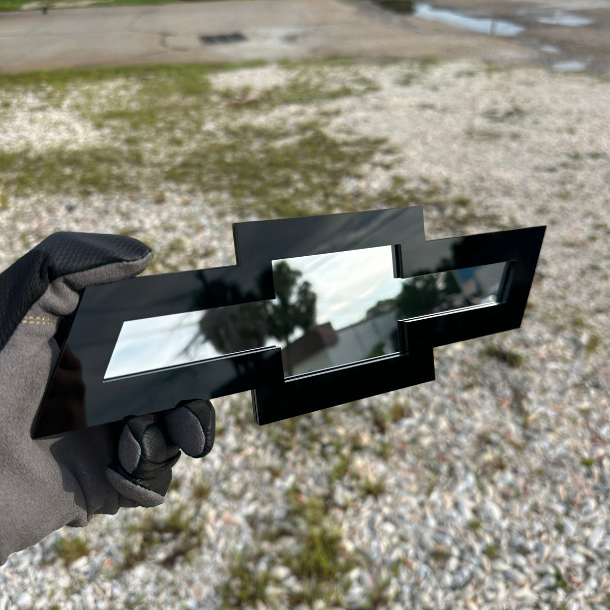 Black and silver Chevy Bowtie custom badge for vehicle exterior