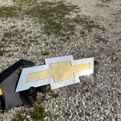 Silver and gold Chevy Bowtie custom badge for car or truck exterior