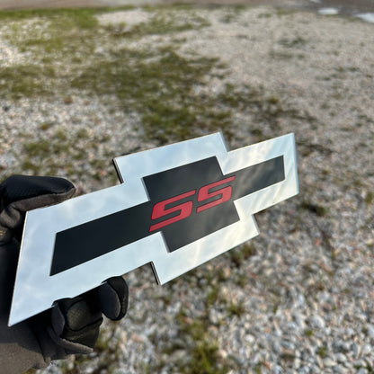 Chevy Bowtie SS automotive emblem with black center stripe