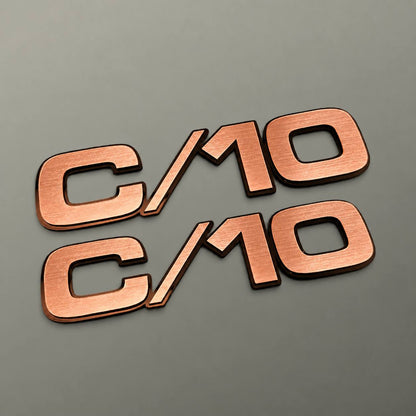 Chevrolet C/10 custom fender emblem badge with silver billet style lettering