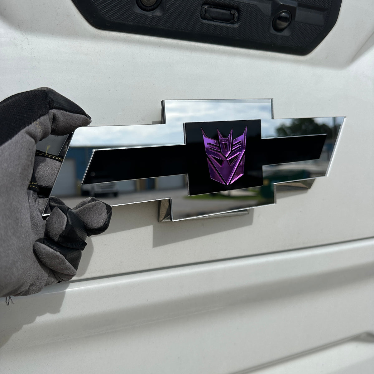 Custom Chevy Bowtie Decepticon badge with mirror purple emblem
