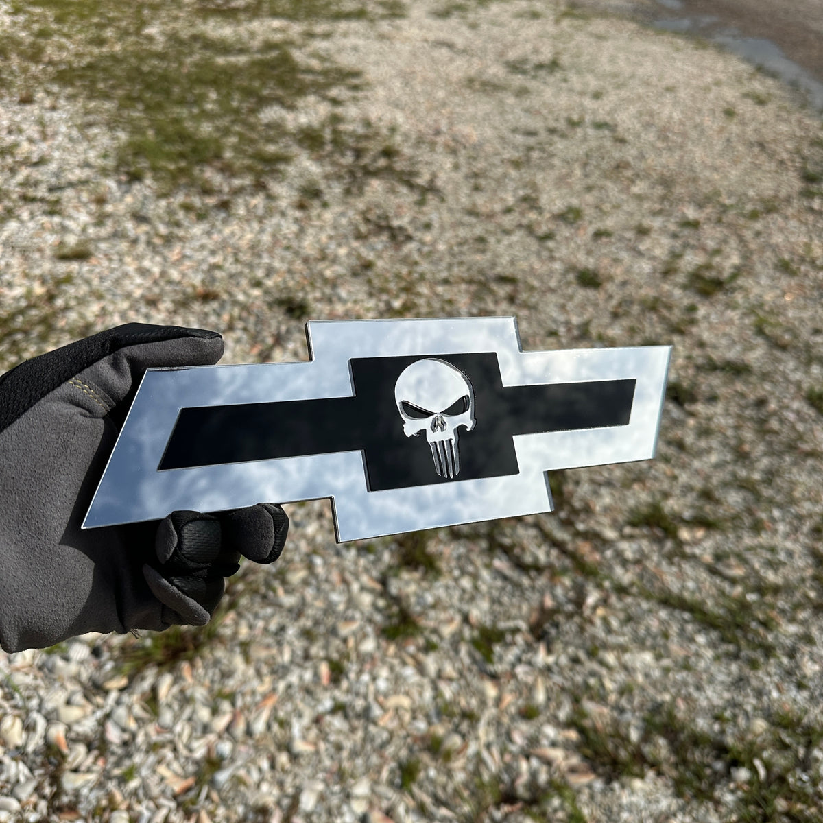 Chevy truck Bowtie Punisher Skull emblem for exterior customization