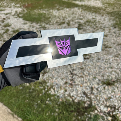 Chevy Bowtie car badge with mirror purple Decepticon emblem and silver finish