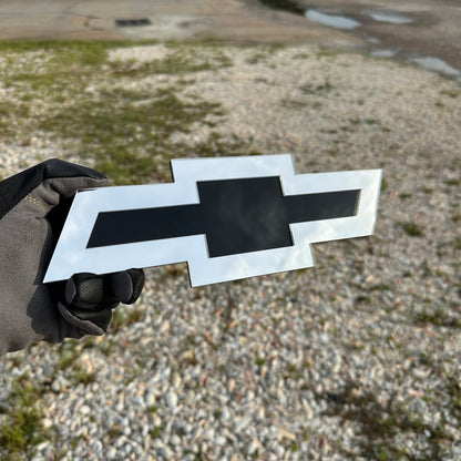 Silver and black Chevy Bowtie custom badge for vehicle exterior
