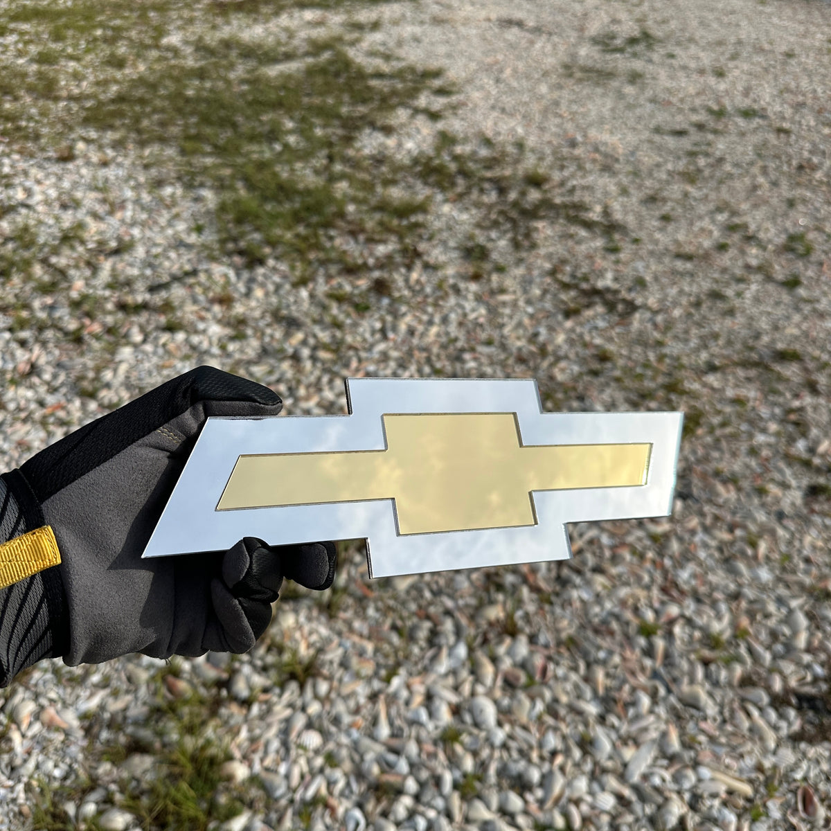 Chevy silver and gold Bowtie car emblem for custom vehicle styling
