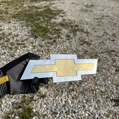 Chevy silver and gold Bowtie car emblem for custom vehicle styling