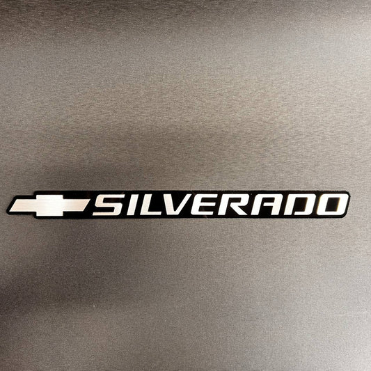 Chevy Silverado bowtie tailgate car badge in black and silver with 3D raised lettering