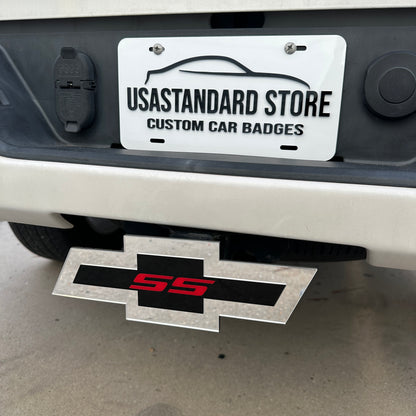Chevy SS truck hitch cover featuring a red SS emblem on black and silver Bowtie design