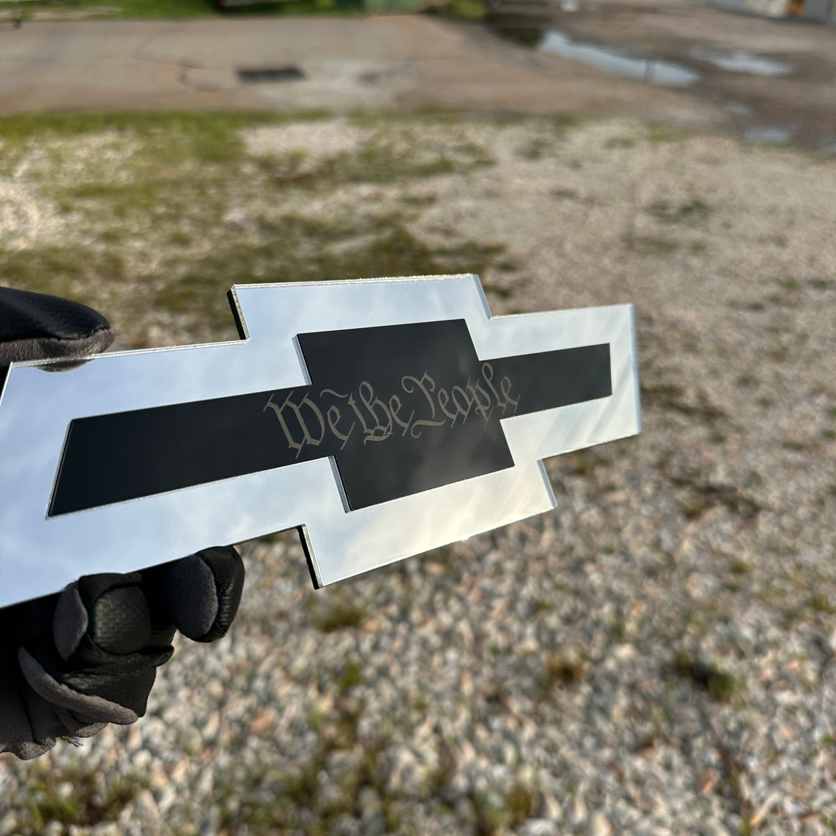 Custom Chevy Bowtie emblem with We the People engraved lettering