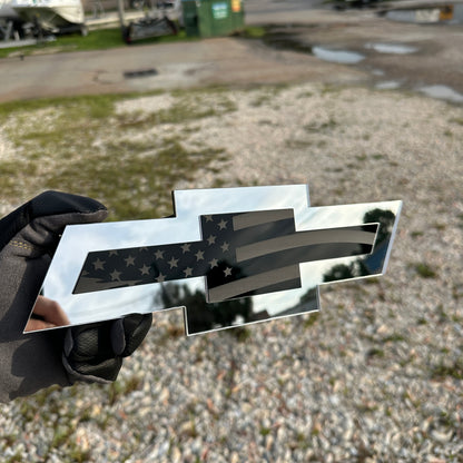 Silver Chevy Bowtie badge with black American flag engraving for vehicle exterior
