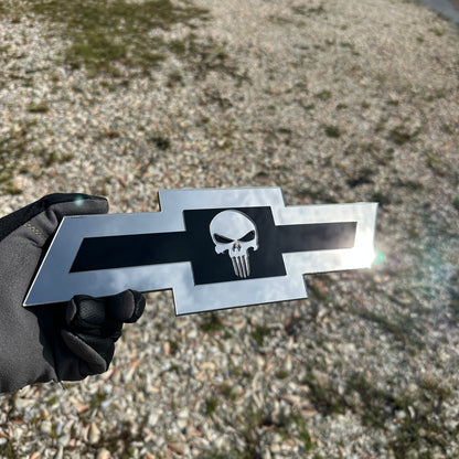 Chevy Punisher Skull Bowtie car badge with reflective silver outer shape