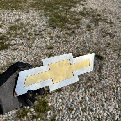 Chevrolet Bowtie badge with gold center and mirror silver border