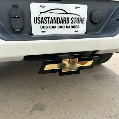 Chevrolet Bowtie car badge style hitch cover with mirror gold face