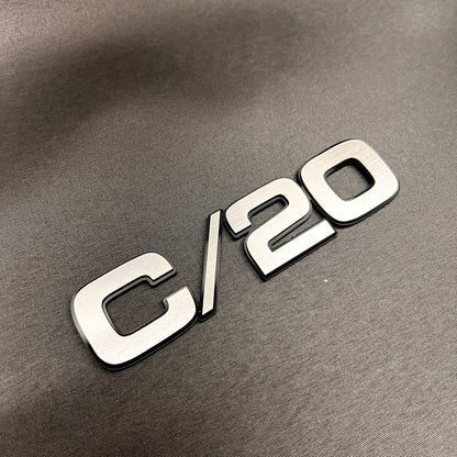 Chevrolet C/20 custom fender emblem badge with silver billet style lettering