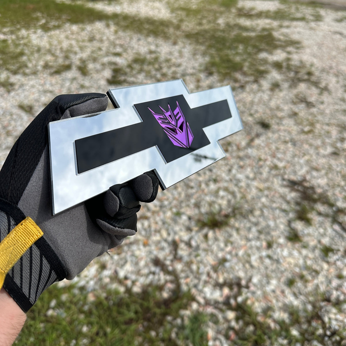 Chevrolet Decepticon car badge in mirror purple, black, and silver finish
