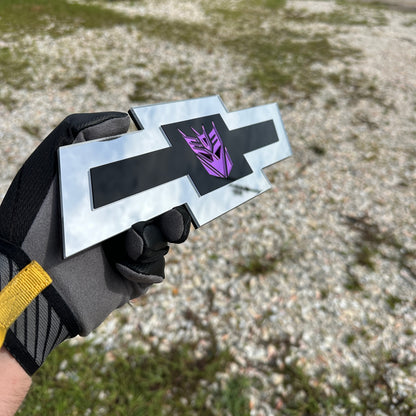 Chevrolet Decepticon car badge in mirror purple, black, and silver finish