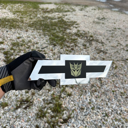 Chevy Bowtie car badge in silver with glow Decepticon emblem and black center