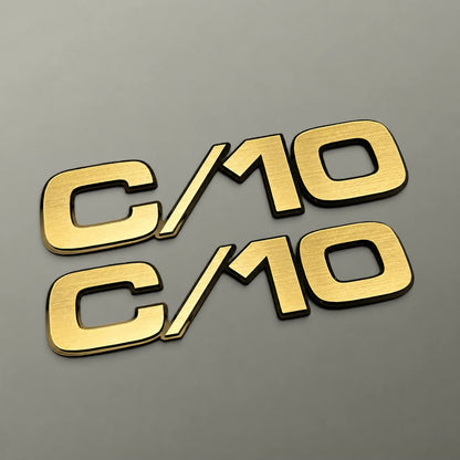 Chevy GMC C/10 truck exterior badge with brushed silver billet front finish