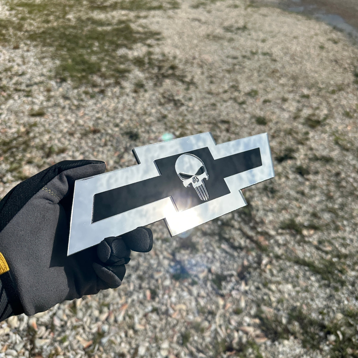 Chevrolet Bowtie skull badge in custom silver and black style