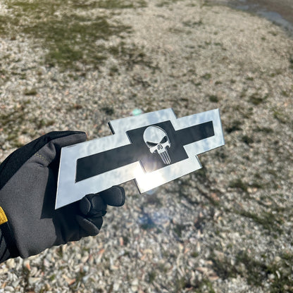 Chevrolet Bowtie skull badge in custom silver and black style