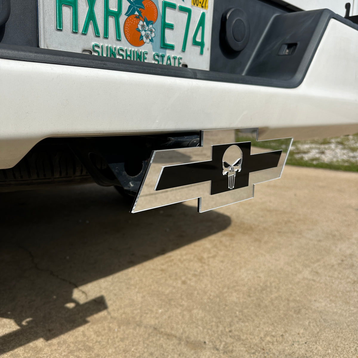 Chevrolet Bowtie skull hitch cover with centered Punisher style emblem