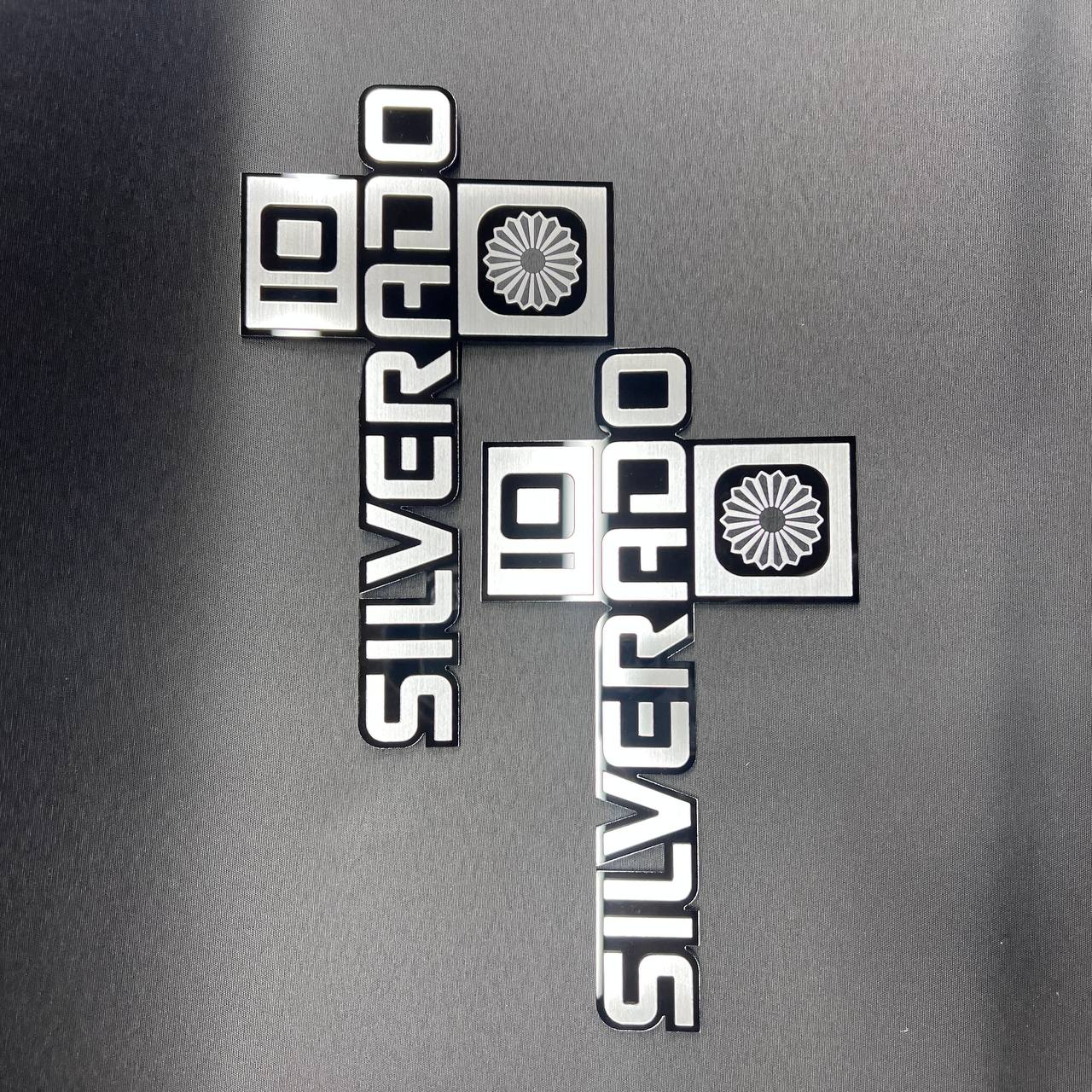 Silverado 10 car text badge in brushed silver and black