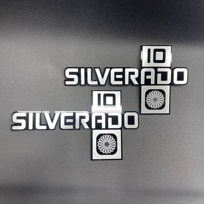 Silverado 10 car text badge in brushed silver and black