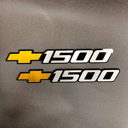 Chevy Silverado 1500 exterior side door logo badge set in black silver and yellow
