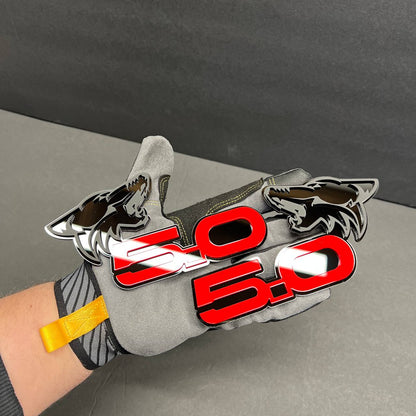 Custom 5.0 style wolf badge for Chevy Silverado and GMC Sierra truck builds red black acrylic emblem