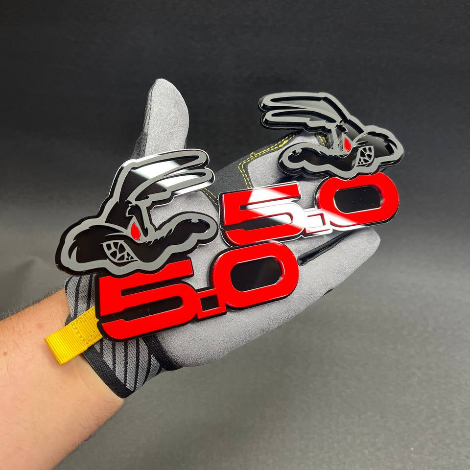 Custom 5.0 style wolf badge for Chevy Silverado and GMC Sierra truck builds red black acrylic emblem