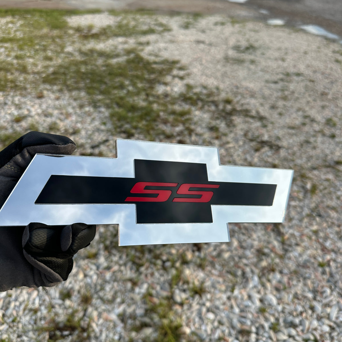 Custom Chevy Bowtie SS car badge in layered silver black red style