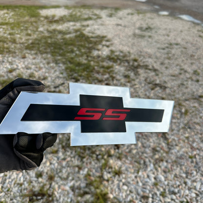 Custom Chevy Bowtie SS car badge in layered silver black red style