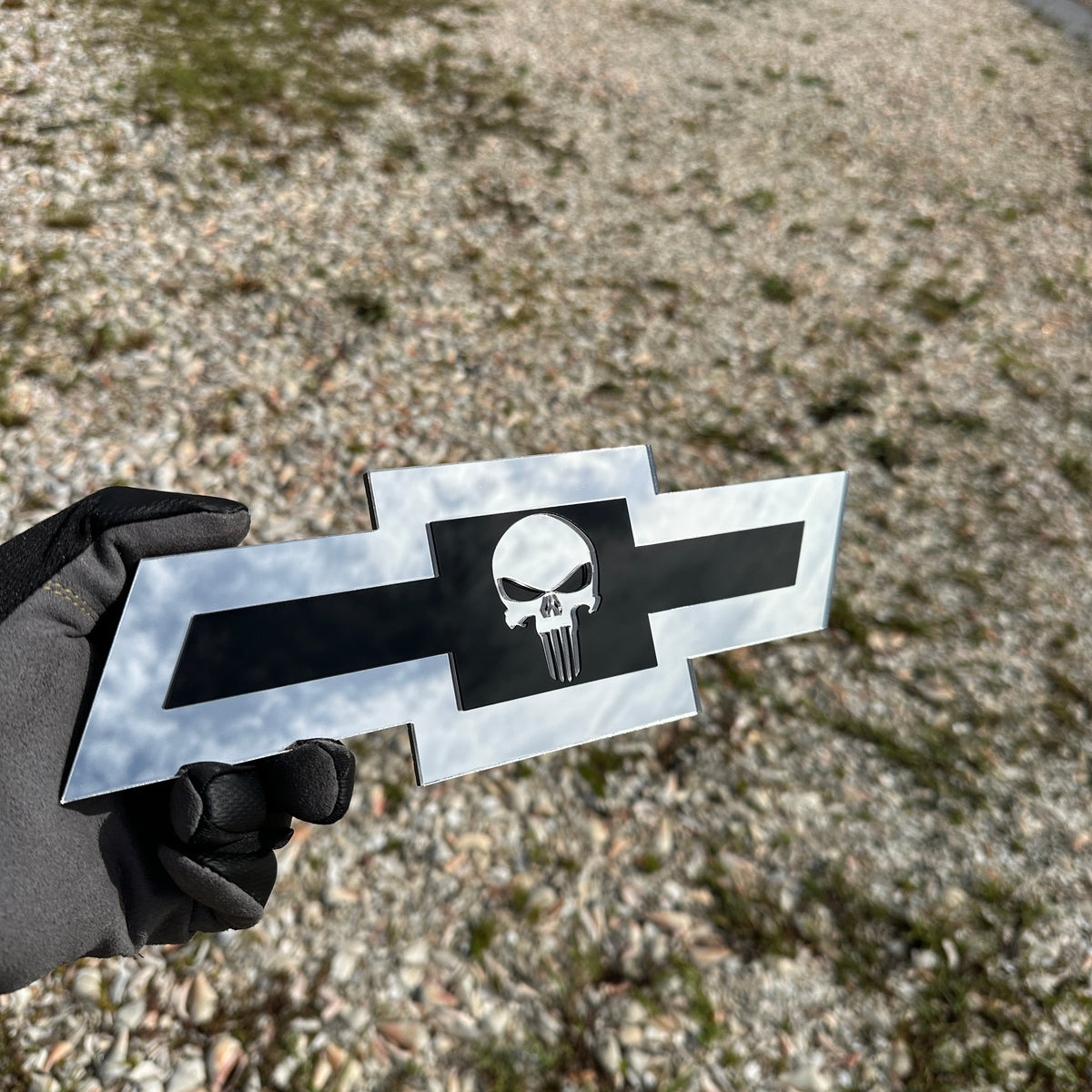Chevy Bowtie skull car emblem with silver mirror finish and black insert